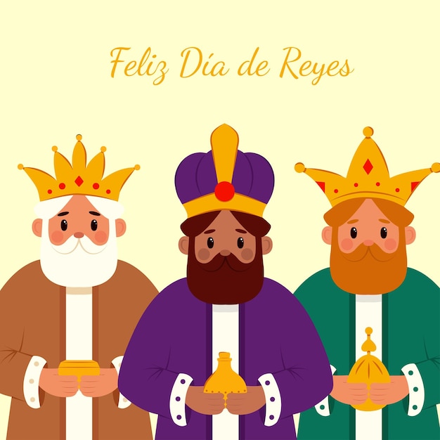 Cartão de feliz dia dos três reis ilustração vetorial de três reis carregando presentes para jesus cristo