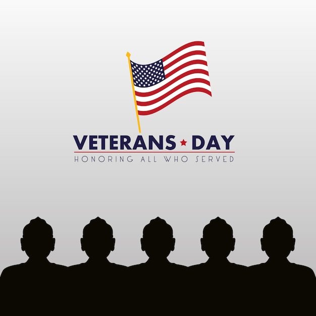 Cartão de feliz dia dos veteranos com ilustração de silhuetas de soldados e bandeira dos eua