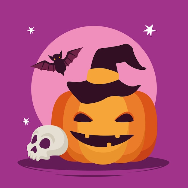 Cartão de feliz festa de halloween com desenho de ilustração vetorial de abóbora e caveira