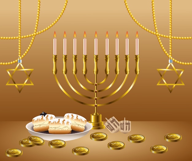 Cartão de feliz festa de hanukkah com candelabro e moedas de ouro