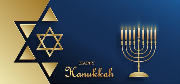 Cartão de feliz hanukkah com símbolos agradáveis e criativos e estilo de corte de papel dourado na cor de fundo para o feriado judaico de hanukkah (tradução: feliz dia de hanukkah, hag hahanukka)