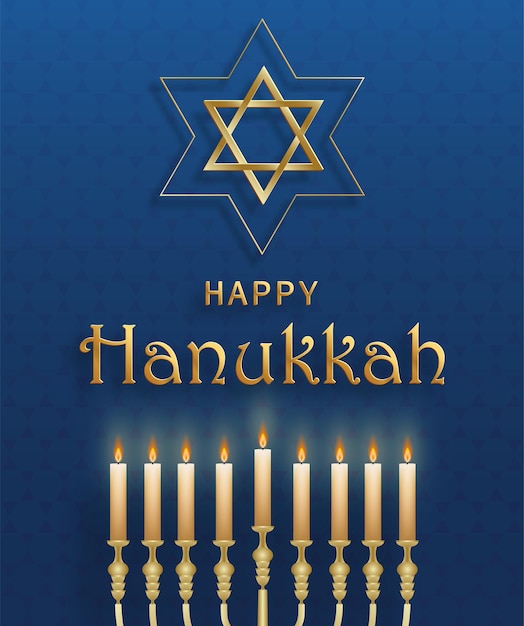 Cartão de feliz hanukkah com símbolos agradáveis e criativos e estilo de corte de papel dourado na cor de fundo para o feriado judaico de hanukkah (tradução: feliz dia de hanukkah, hag hahanukka)