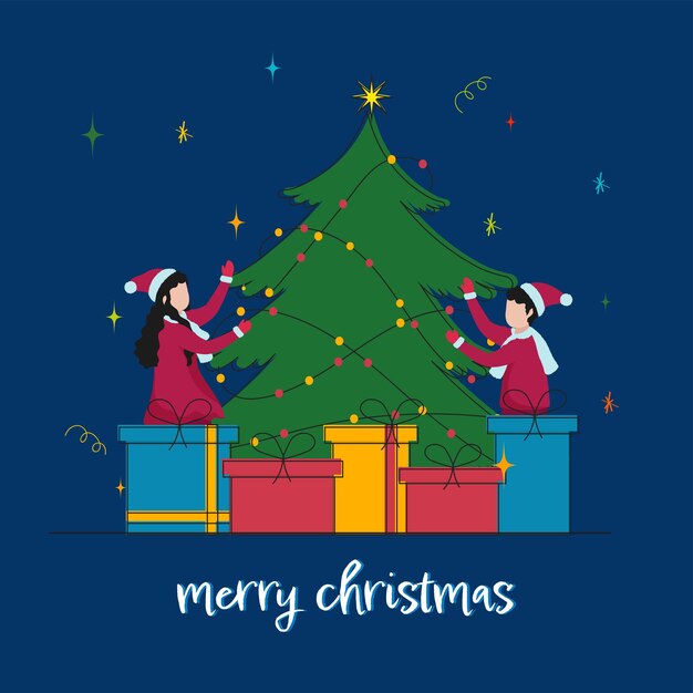 Cartão de feliz Natal com crianças sem rosto decorando a árvore de Natal e caixas de presente contra um fundo azul
