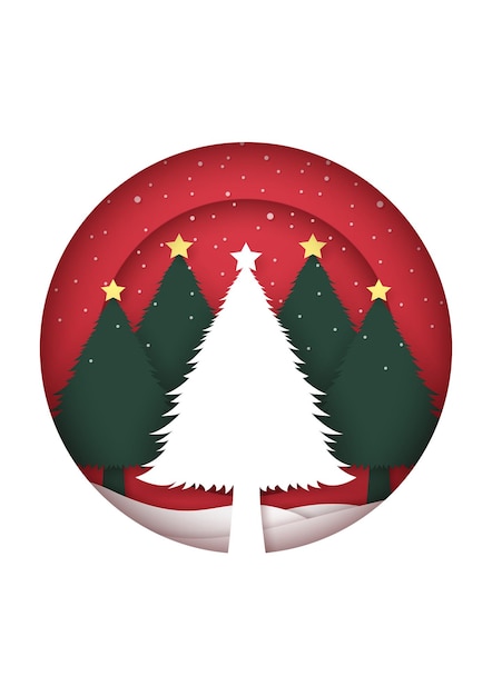 Vetor cartão de feliz natal com flocos de neve e queda de neve nas árvores de natal em moldura circular em corte de papel