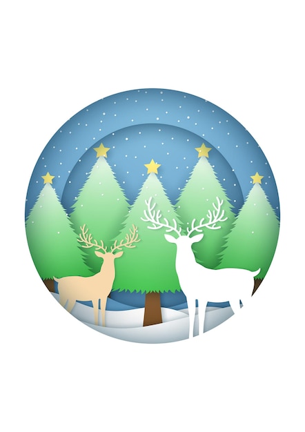 Cartão de feliz Natal com paisagem de inverno e queda de neve nas árvores de Natal e renas no quadro