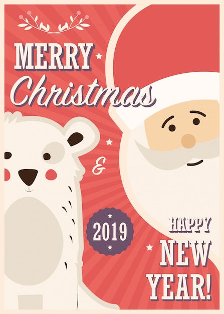 Vetor cartão de feliz natal com papai noel e urso branco