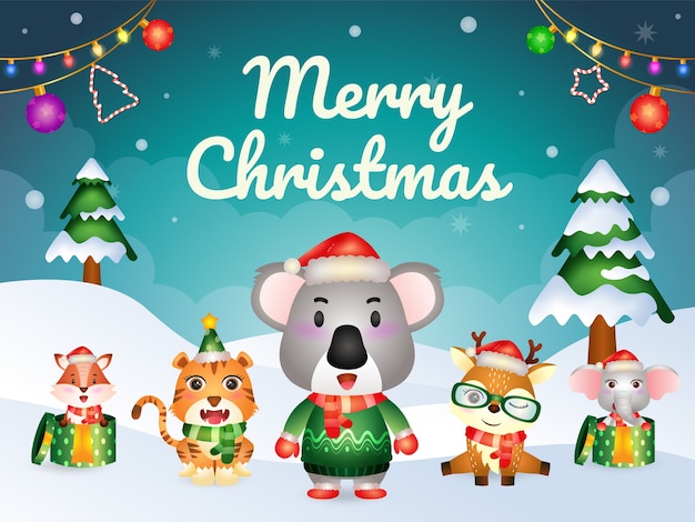 Cartão de feliz natal com personagens de animais fofos: coala, veado, elefante, tigre e raposa