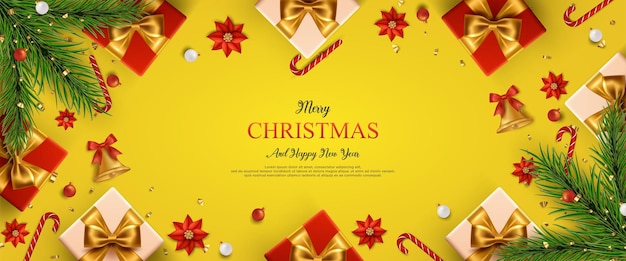 Cartão de feliz natal e ano novo com enfeites realistas