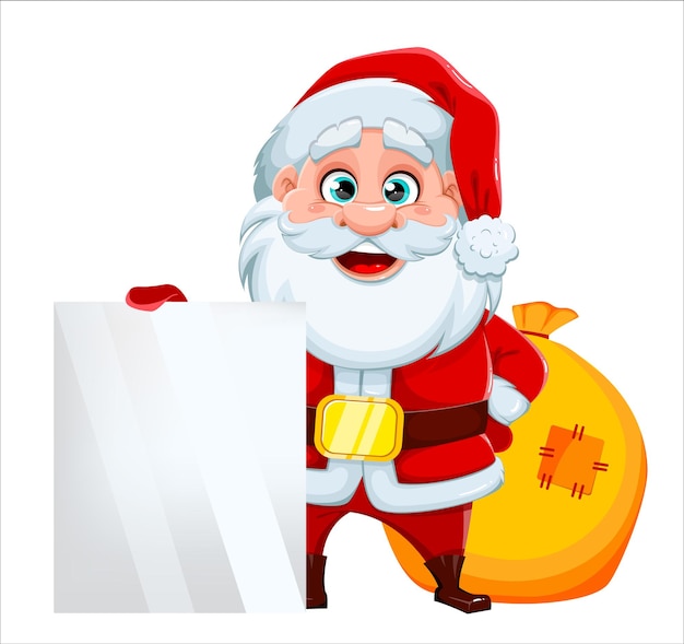 Cartão de feliz natal e feliz ano novo. alegre papai noel em pé perto de banner em branco e saco com presentes. ilustração vetorial em fundo branco