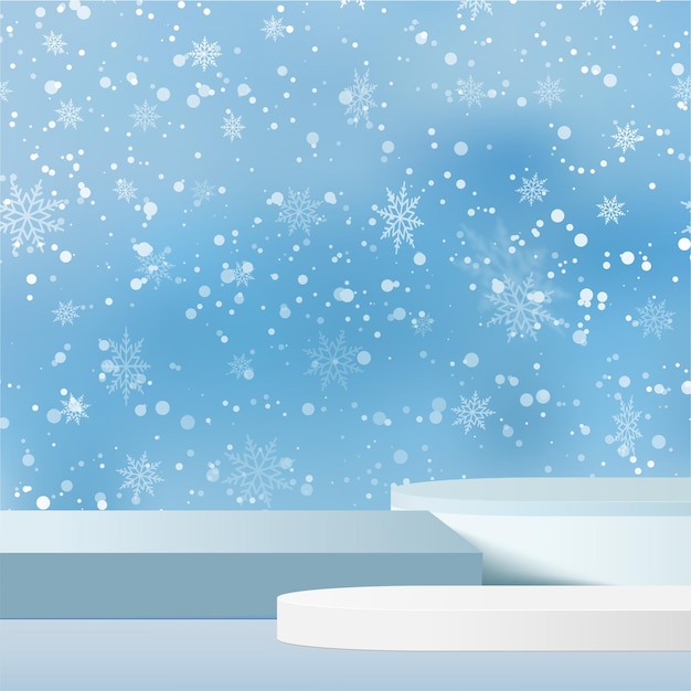 Cartão de feliz natal e feliz ano novo com pódio branco no céu azul, vetor