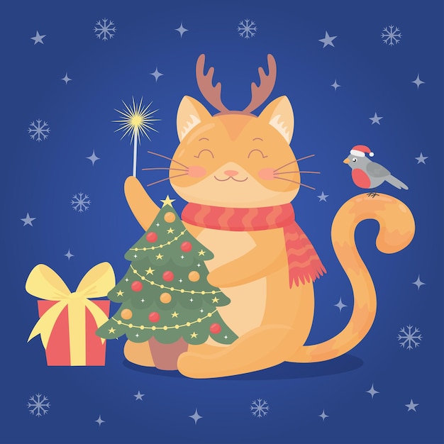Cartão de feliz Natal e feliz ano novo com um lindo gato de presente de árvore de Natal