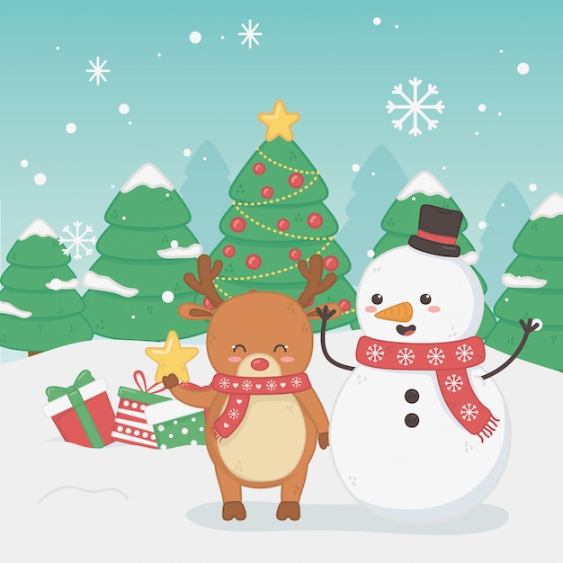 Cartão de feliz Natal feliz com boneco de neve e renas