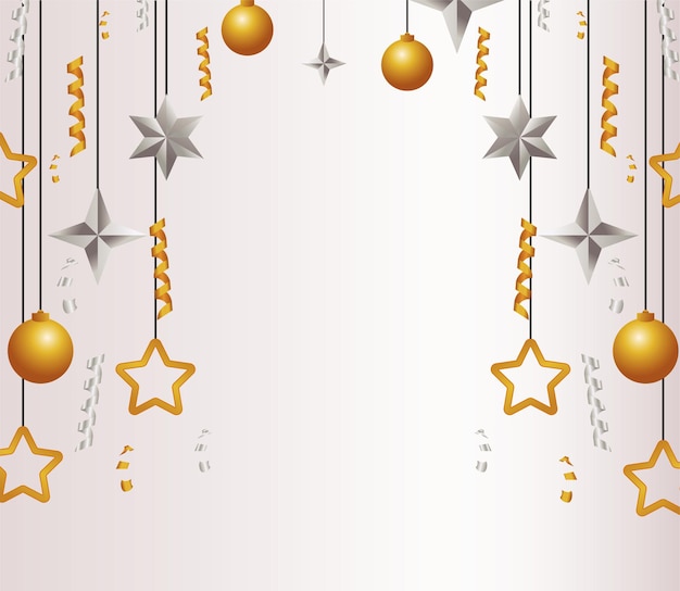 Cartão de feliz natal feliz com estrelas douradas e prateadas e ilustração de bolas