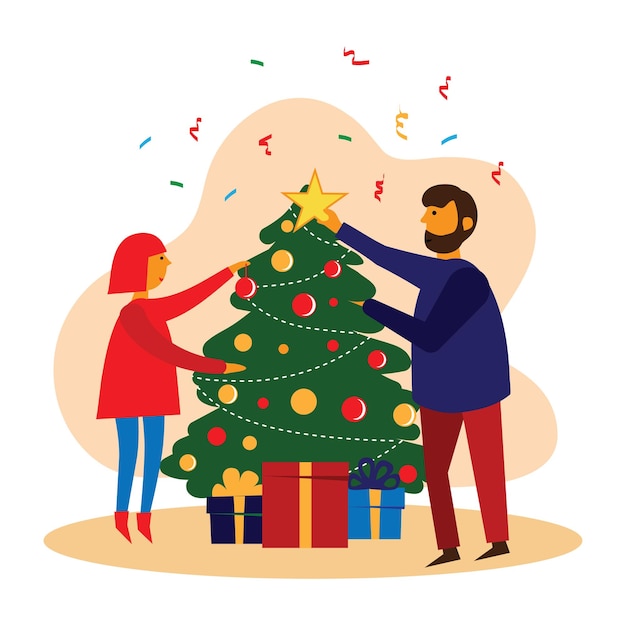 Cartão de feliz Natal. Ilustração vetorial de pessoas decorando a árvore de Natal