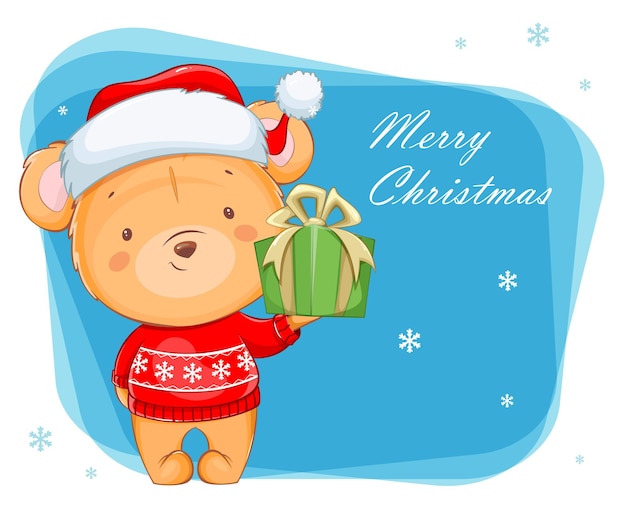 Vetor cartão de feliz natal. ursinho engraçado. personagem de desenho animado bonito urso com chapéu de papai noel segurando a caixa de presente. ilustração em vetor de estoque em fundo branco