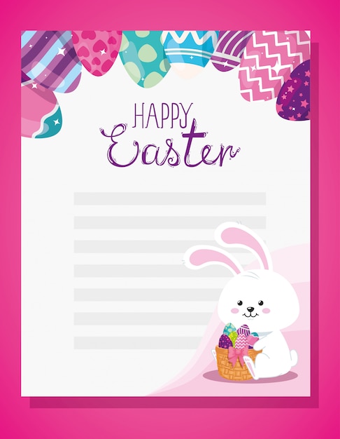 Cartão de feliz páscoa com coelho e ovos decorados