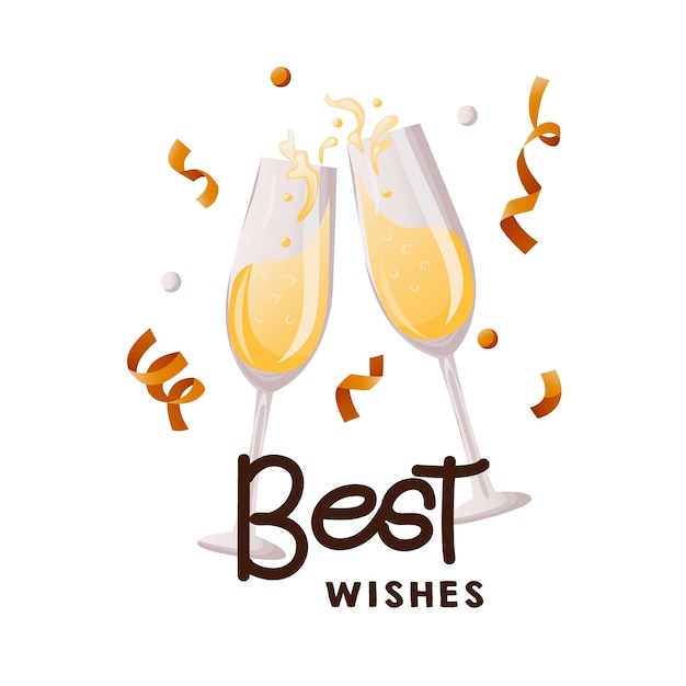 Cartão de festa de aniversário com taças de vinho tinindo, confete. brinde champanhe. felicidades escrita à mão