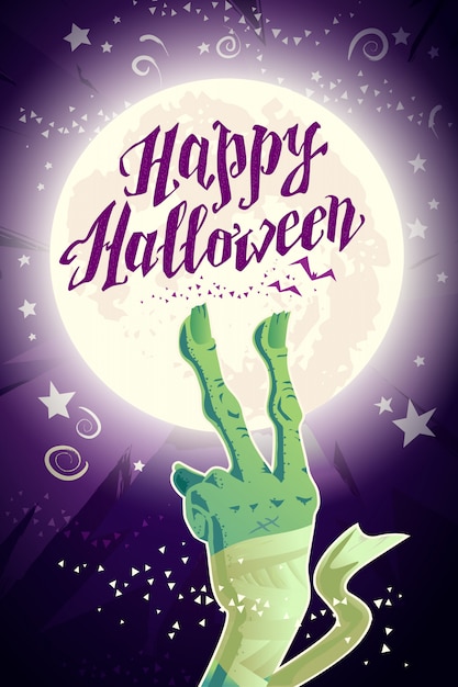 Cartão de festa de Halloween com mão de múmia. Ilustração vetorial