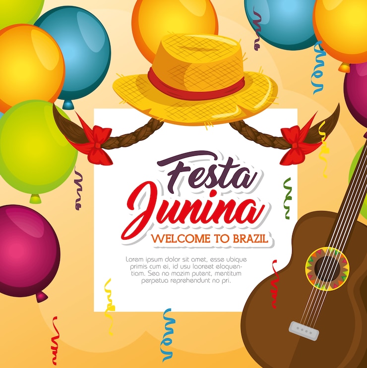 Vetor cartão de festa junina com chapéu de ballons de guitarra e tranças sobre fundo laranja ilustração vetorial