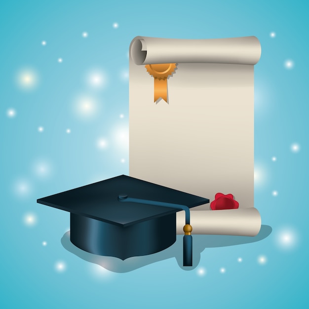 Cartão de formatura com diploma e chapéu