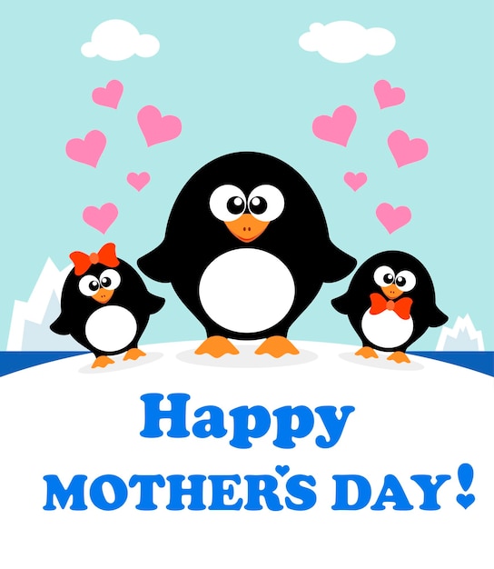 Cartão de fundo do dia da mãe com ilustração vetorial de pinguins