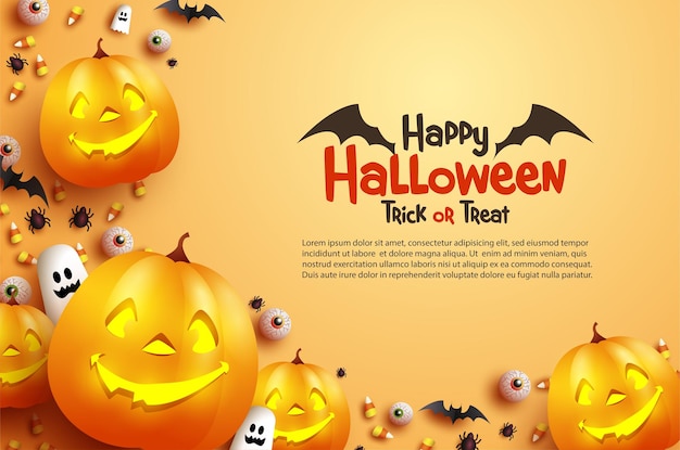 Cartão de Halloween com morcegos assustadores e abóboras