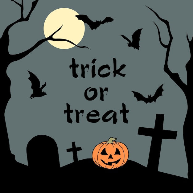 Cartão de halloween com texto trick or treat no pano de fundo de sepulturas e abóbora entre árvores à noite