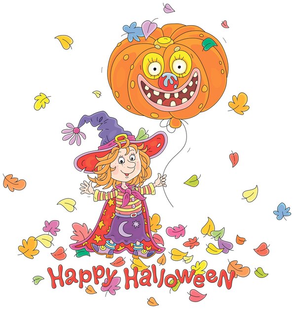 Cartão de Halloween com uma bruxinha e um balão de abóbora entre folhas coloridas de outono