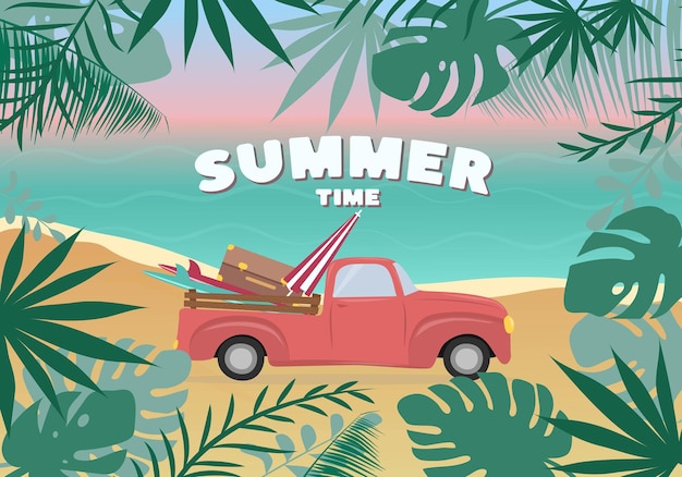 Cartão de horário de verão com moldura de folha tropical de paisagem de praia de carro Conceito de férias e viagens