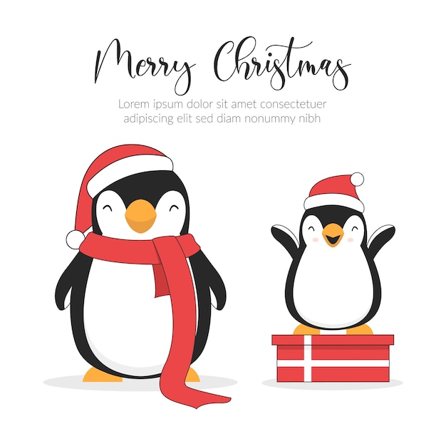 Cartão de ilustração de feliz natal. personagens fofinhos de pinguins.