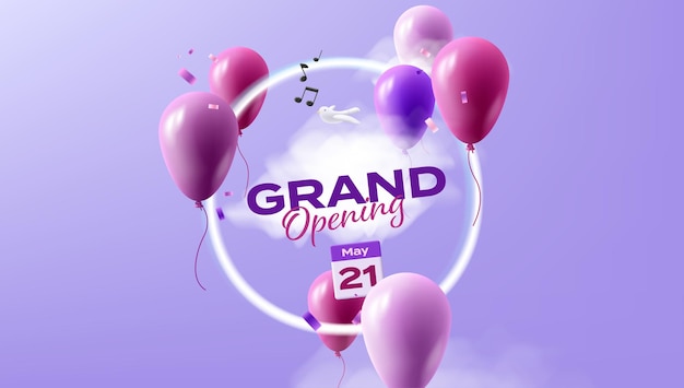 Vetor cartão de inauguração com balões e círculo de néon com calendário e data e melodia de canto de pássaro de primavera em cores violeta
