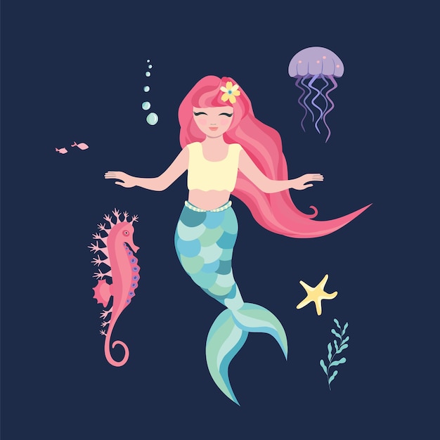 Cartão de medusa de sereia e cavalo-marinho Menina bonitinha sereia bonita silhueta de animais marinhos em fundo escuro Modelo para design notebook crianças cartaz Ilustração em vetor de desenhos animados