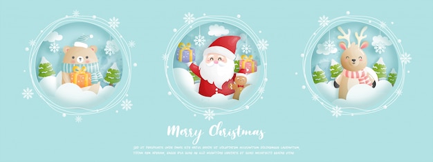 Cartão de Natal, banner com Papai Noel e amigos.