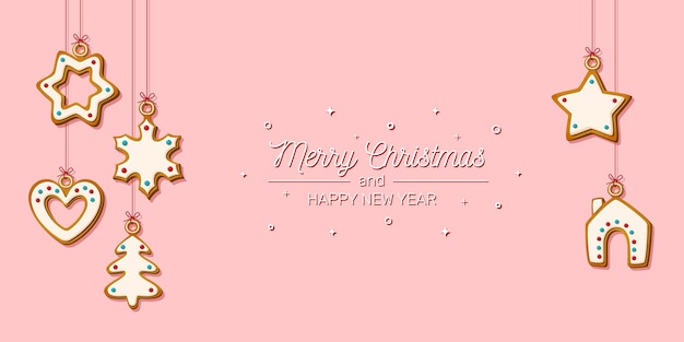 Cartão de natal. biscoitos de gengibre pendurados no fundo rosa. biscoitos festivos em forma de casa e árvore de natal, estrela e floco de neve e coração. ilustração vetorial