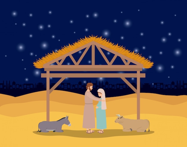 Vetor cartão de natal com a família sagrada e animais no estábulo