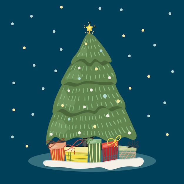 Cartão de Natal com árvore de natal e presentes