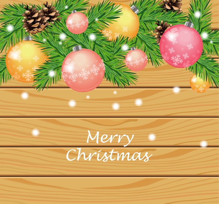 Vetor cartão de natal com baubles, luzes e textura de madeira vector. cores em cores pastel