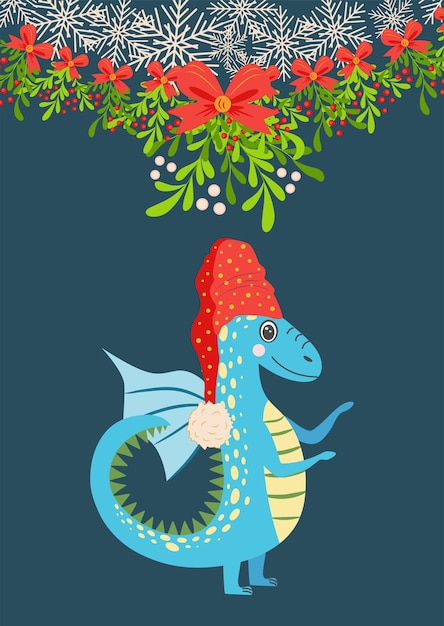 Cartão de Natal com dragão fofo Ano do Dragão 2024 China