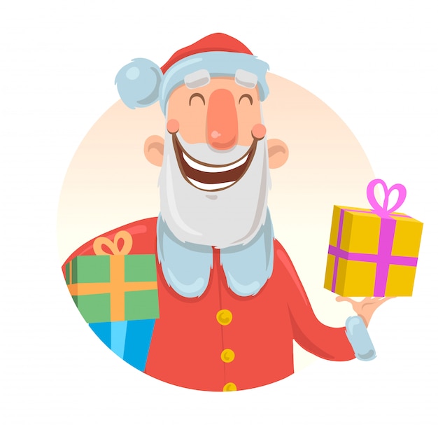 Cartão de natal com engraçado papai noel sorrindo. papai noel traz presentes em caixas coloridas. sobre fundo branco. elemento redondo. ilustração do personagem de desenho animado.