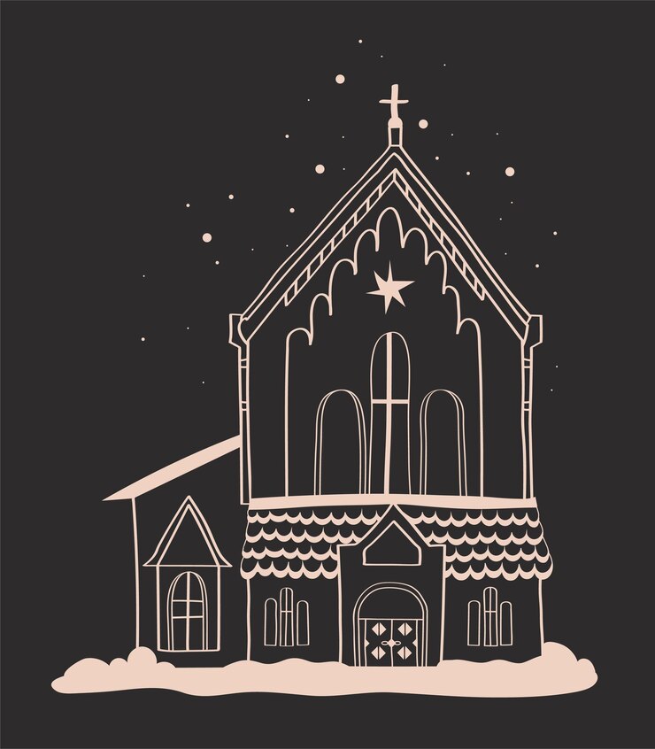 Vetor cartão de natal com igreja desenhada à mão ilustração vetorial em fundo preto arte linear de natal