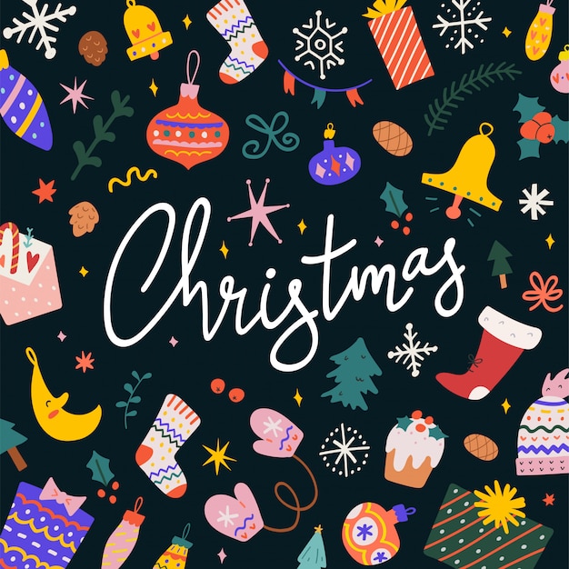 Cartão de natal com letras e ilustrações