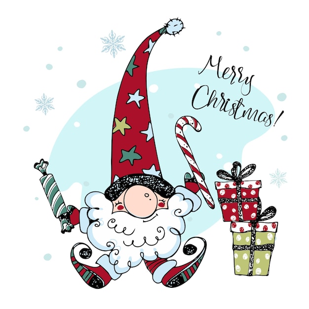 Vetor cartão de natal com lindo gnomo nórdico com estilo doodle de presentes