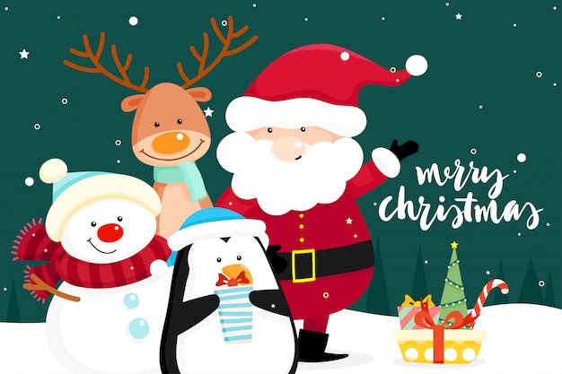 Cartão de Natal com Natal Papai Noel, boneco de neve e renas. Ilustração vetorial