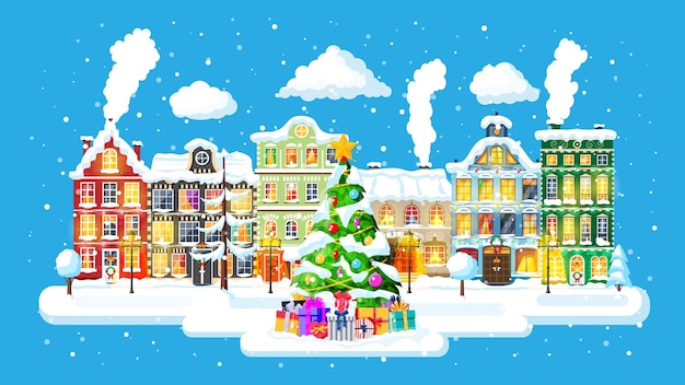 Cartão de natal com paisagem urbana e queda de neve. paisagem urbana com casas coloridas com neve na noite. winter village, cosy town city panorama. banner de natal de natal de ano novo. ilustração vetorial plana