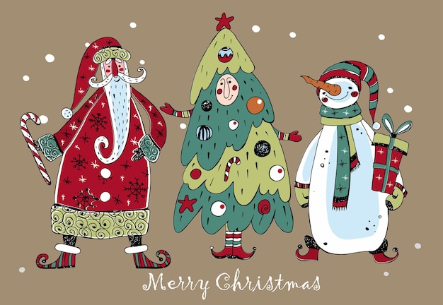Cartão de Natal com Papai Noel e animais de inverno lebre e urso estilo Doodle Vetor