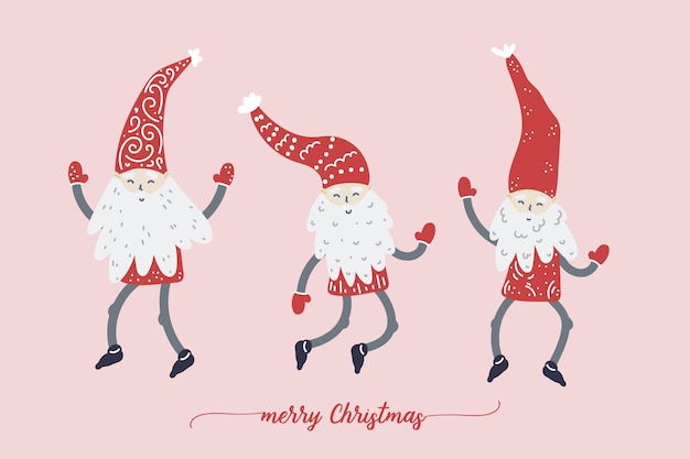 Cartão de natal com pequenos gnomos dançando em chapéus vermelhos. ilustração em vetor duendes escandinavos.