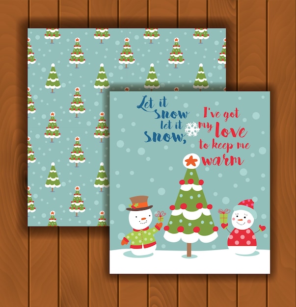 Cartão de natal com um envelope casal apaixonado de bonecos de neve com presentes ao lado da árvore de natal