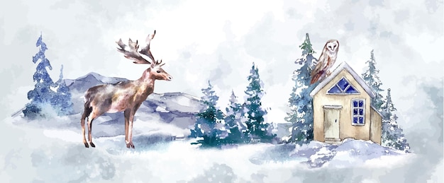 Cartão de Natal de inverno paisagem de floresta nevada ilustração de aquarela com animais veado alce raposa ow