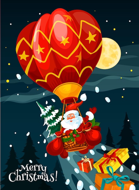 Cartão de natal do papai noel com presente em balão de ar