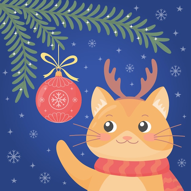 Cartão de Natal e ano novo com um lindo gato vermelho com uma bola de natal e flocos de neve.